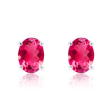 2.5 Carat Oval Cut - Ruby - July Birthstone Solitaire Stud Earrings - 4 Prong - In 18K White Gold Plating Over Silver