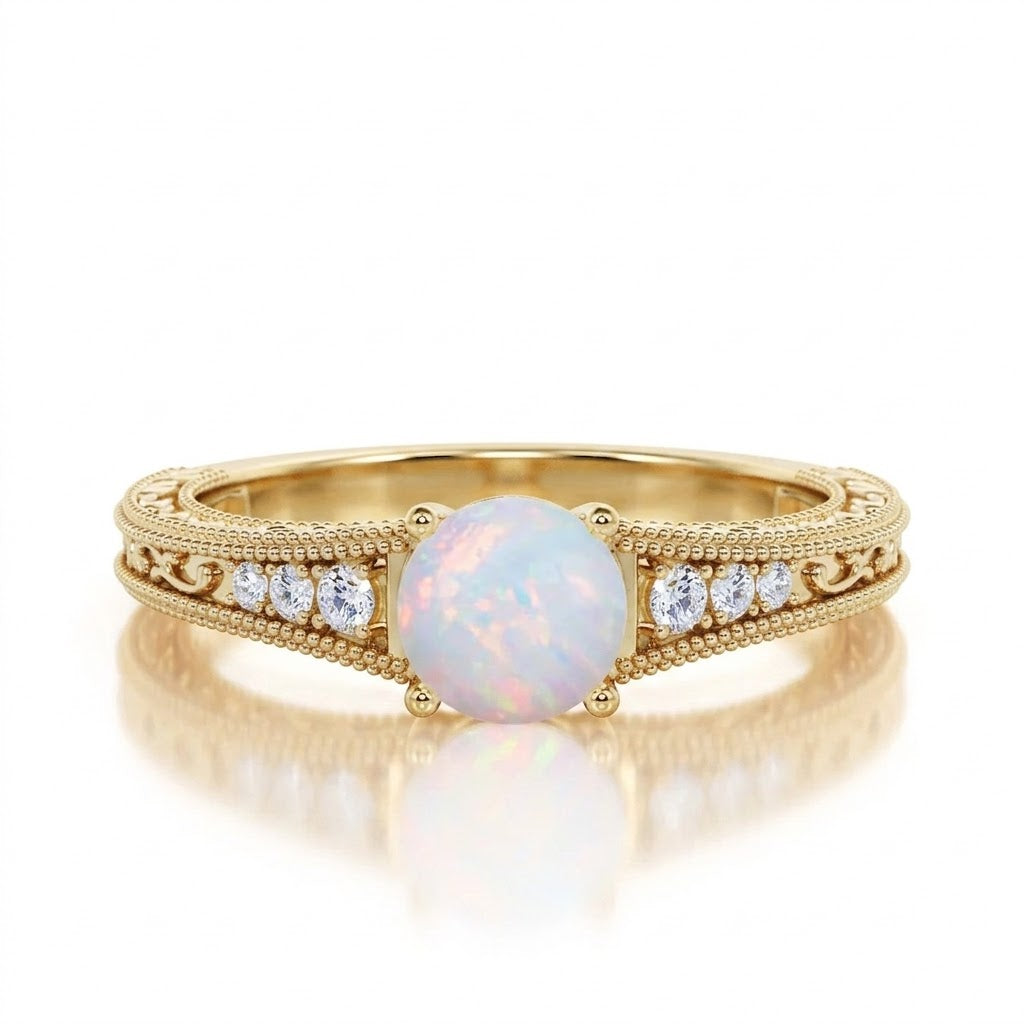 Vintage 1.25 Ct Round Cut Lab Opal Engagement Ring