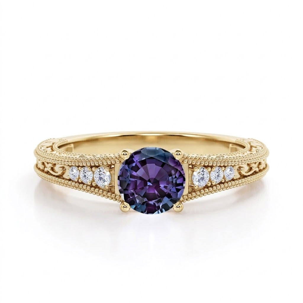 1.25 Ct Round Lab Alexandrite Filigree Engagement Ring