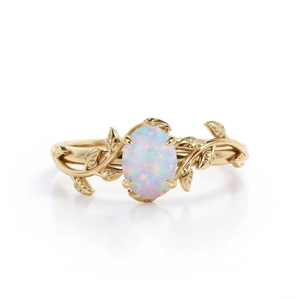 Nature Inspired 1 Ct Oval Cut Lab Opal Engagement Ring