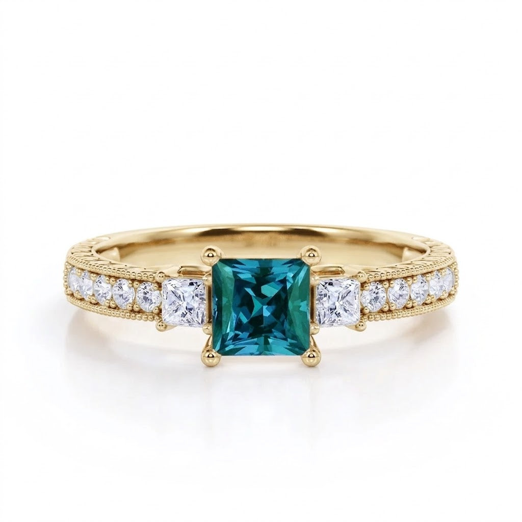 1.40 Ct Princess Lab Alexandrite Three Stone Engagement Ring