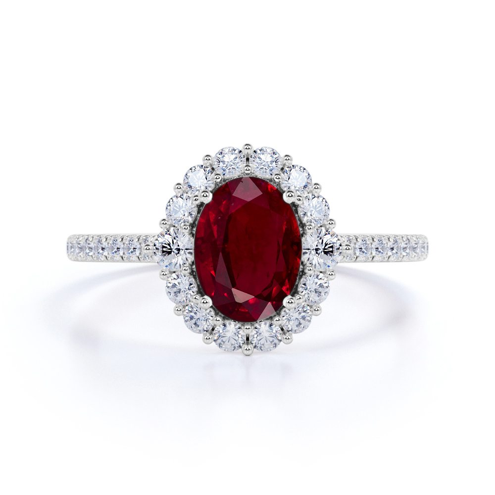Sparkling Pave 1.5 Carat Oval Cut Lab-Created Ruby and Diamond Engagement Ring in White Gold