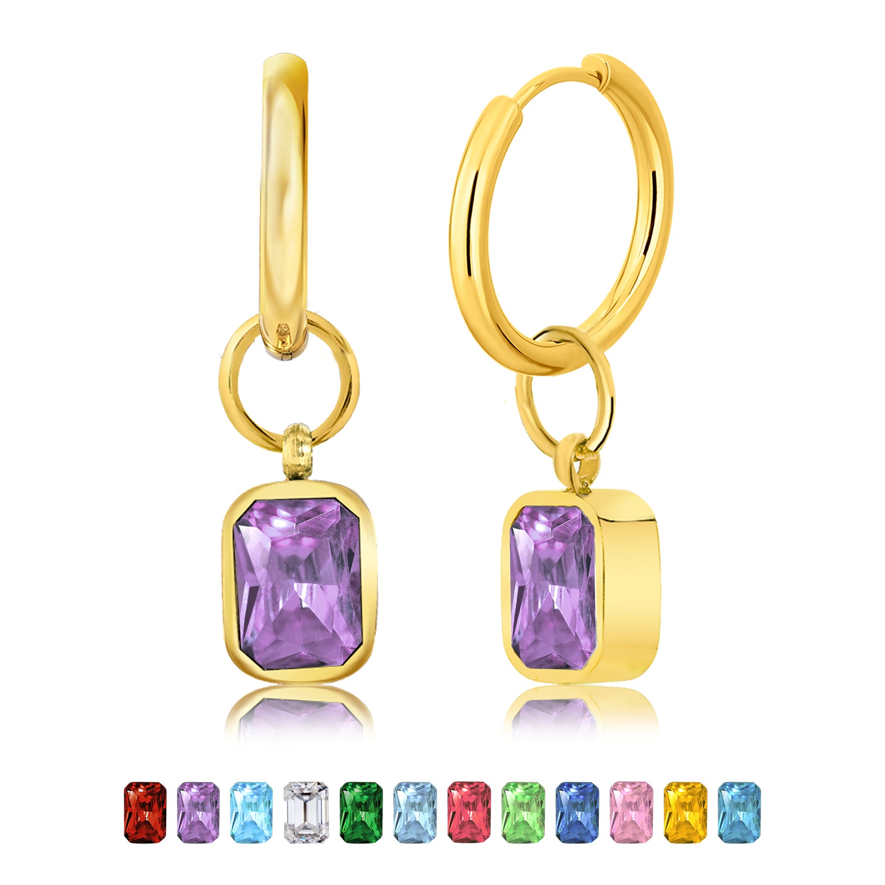 2 Carat Emerald Cut Birthstone Bezel Huggie Hoop Earrings