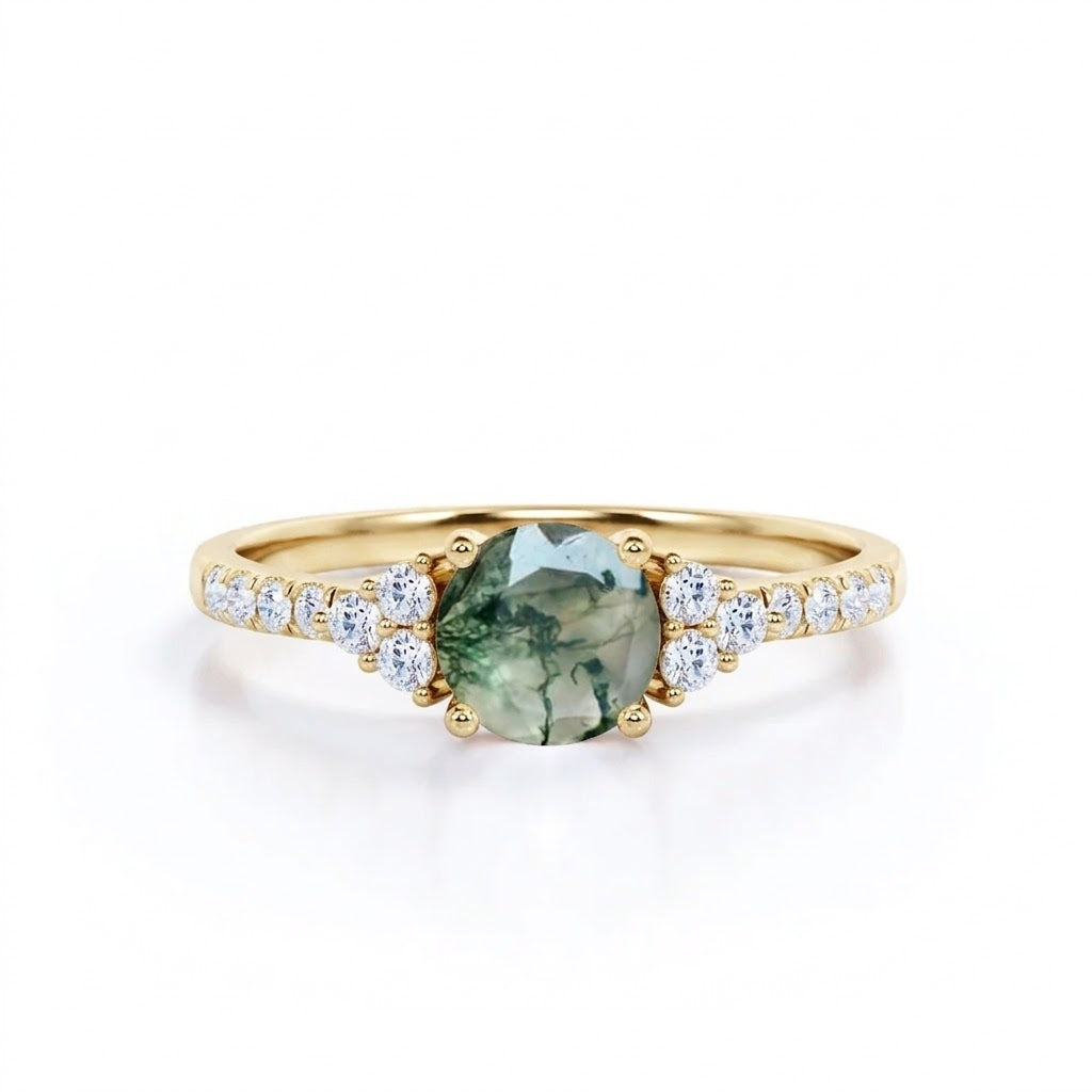 1.25 Carat Round Cut Moss Agate Cluster Engagement Ring