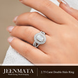 JeenMata 2.75 Carat Oval Cut Moissanite Double Halo Split Shank Engagement Ring Set in 18K White Gold Plated for Women