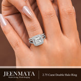 JeenMata 2.75 Carat Princess Cut Moissanite Double Halo Split Shank Engagement Ring Set in 18K White Gold Plated for Women