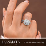 JeenMata 2.75 Carat Round Brilliant Cut Moissanite Double Halo Split Shank Engagement Ring Set in 18K White Gold Plated for Women