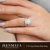 JeenMata 2.75 Carat Emerald Cut Moissanite Double Halo Split Shank Engagement Ring Set in 18K White Gold Plated for Women