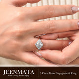 JeenMata 3 Carat Oval Cut Moissanite - Halo Engagement Ring in 18K White Gold Plating for Women