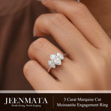 JeenMata 3 Carat Marquise Cut Moissanite Rings - Three Stone Engagement Rings in 18K White Gold Plating for Women