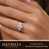 JeenMata 3 Carat Oval Cut Moissanite Rings - Three Stone Engagement Rings in 18K White Gold Plating for Women