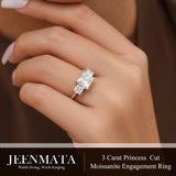 JeenMata 3.75 Carat Princess Cut Moissanite Rings - Three Stone Engagement Rings in 18K White Gold Plating for Women