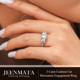 JeenMata 3.5 Carat Cushion Cut Moissanite Rings - Three Stone Engagement Rings in 18K White Gold Plating for Women
