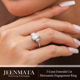 JeenMata 3.25 Carat Emerald Cut Moissanite Rings - Three Stone Engagement Rings in 18K White Gold Plating for Women