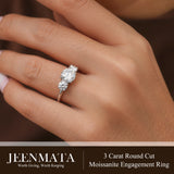 JeenMata 3 Carat Round Cut Moissanite Rings - Three Stone Engagement Rings in 18K White Gold Plating for Women