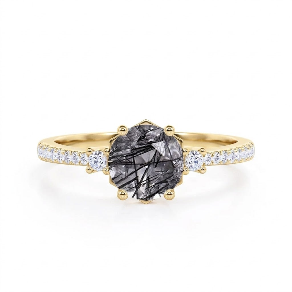 1.35 ct Round Black Rutilated Quartz Pave Engagement Ring