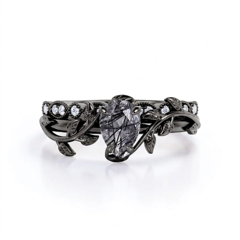 Leaf Art Deco 1.25 ct Pear Black Rutilated Quartz Bridal Set