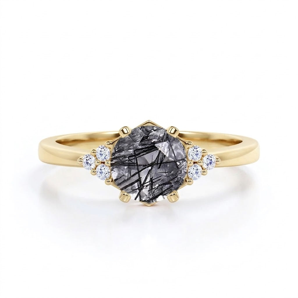 1.25 ct Round Black Rutilated Quartz Seven Stone Engagement Ring
