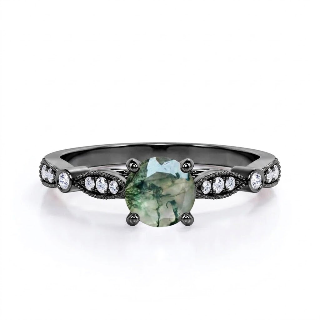 1 carat Round Cut Moss Agate Milgrain Engagement Ring