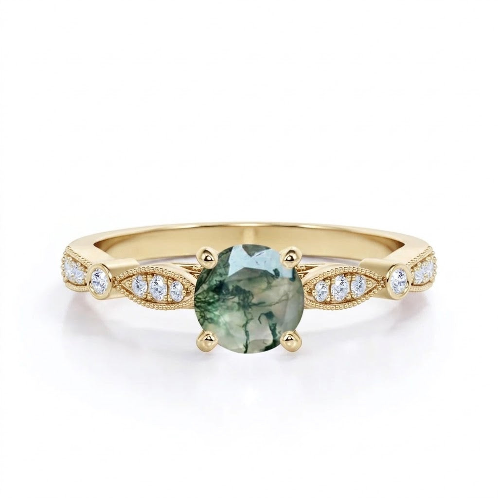 1 carat Round Cut Moss Agate Milgrain Engagement Ring