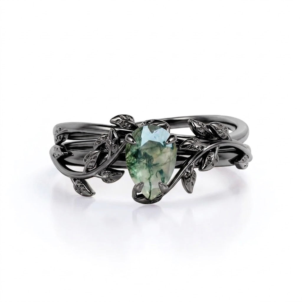 1 Carat Pear Moss Agate Nature Inspired Bridal Set