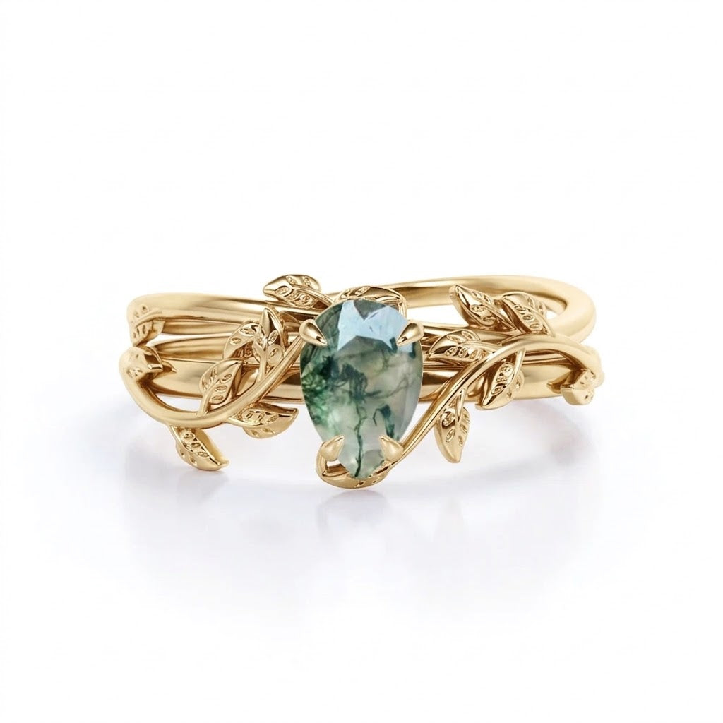 1 Carat Pear Moss Agate Nature Inspired Bridal Set