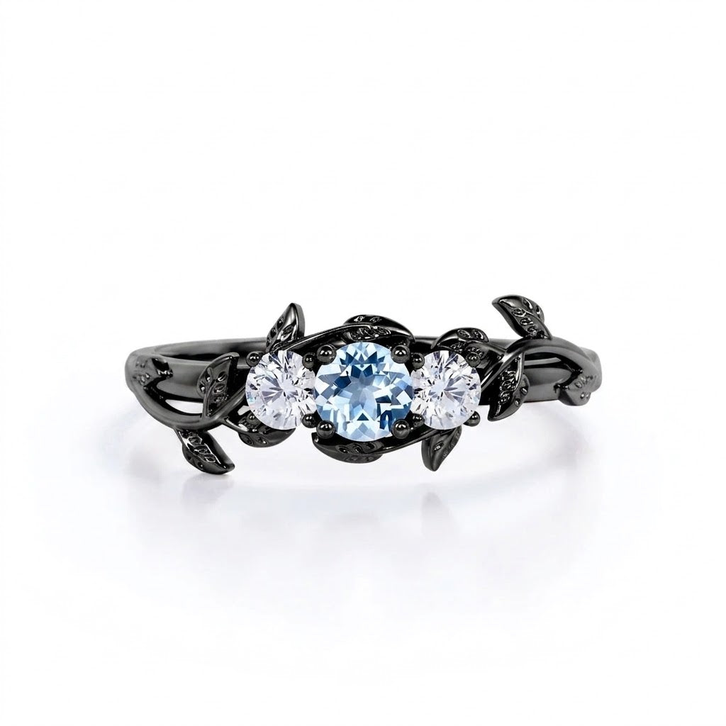 1 ct Round Aquamarine Leafy Three stone Engagement Ring