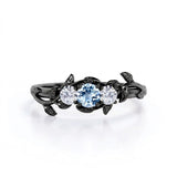 1 ct Round Aquamarine Leafy Three stone Engagement Ring