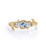 1 ct Round Aquamarine Leafy Three stone Engagement Ring