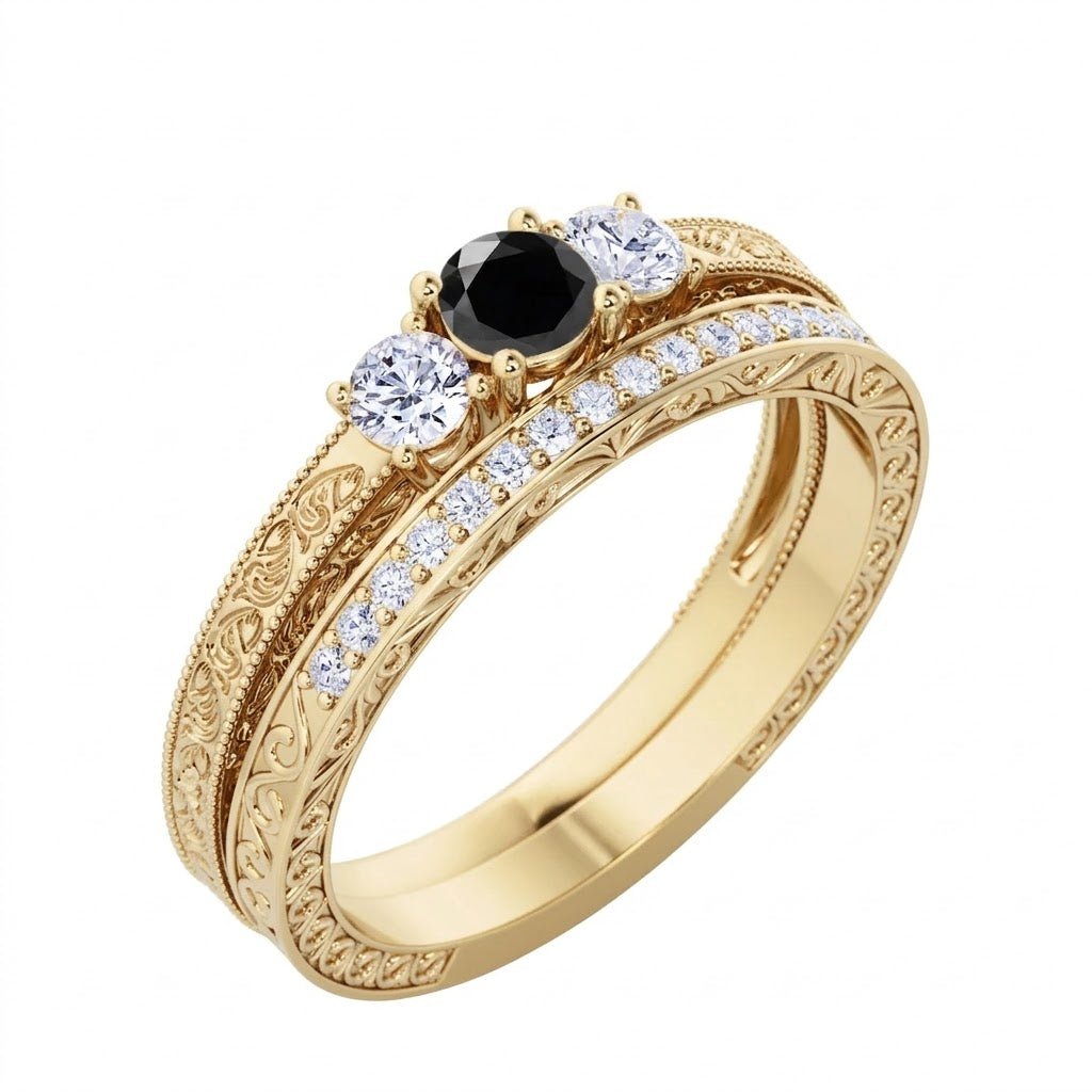 1.25 ct Round Lab Black Diamond Three Stone Bridal Set