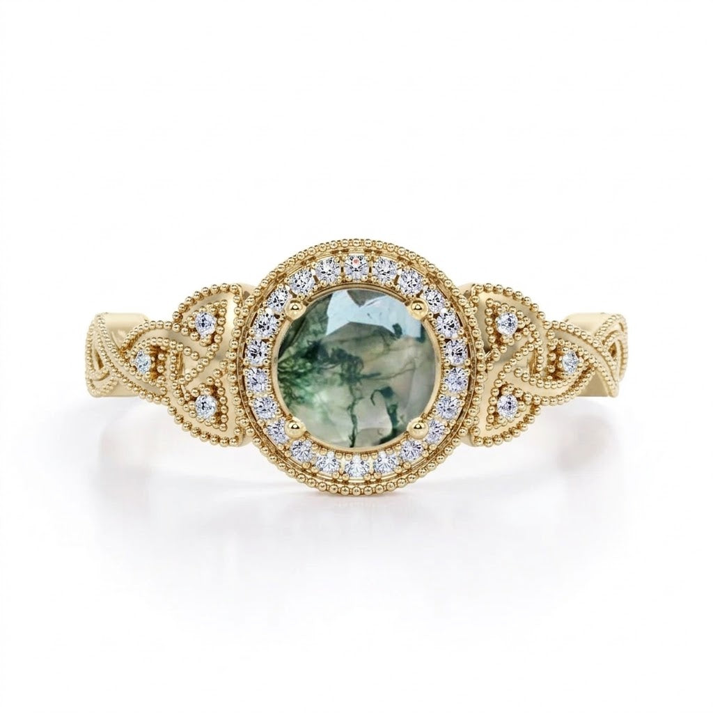 1.25 carat Round Moss Agate Milgrain Intertwined Engagement ring