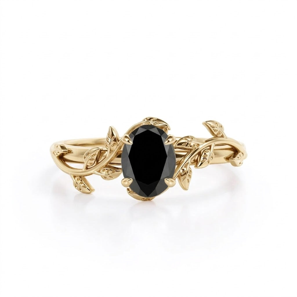 1 ct Oval Lab Black Diamond Leaf Style Engagement Ring