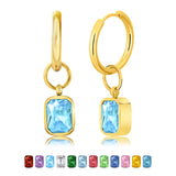 2 Carat Emerald Cut - Aquamarine - March Birthstone Bezel Huggie Hoop Earrings - 18K Yellow Gold Plating