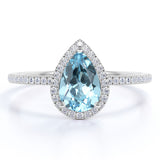 1 Carat Pear Cut March Birthstone Engagement Ring - Wedding Ring - Halo Ring - Pave Ring - Promise Ring - 18K White Gold Plating over Silver