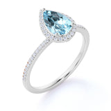 1 Carat Pear Cut March Birthstone Engagement Ring - Wedding Ring - Halo Ring - Pave Ring - Promise Ring - 18K White Gold Plating over Silver