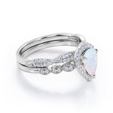 1.5 Carat Pear Cut Lab Created October Birthstone Opal and Moissanite Vintage Engagement Ring - Halo Pave Bridal Set in 18K White Gold Over Silver