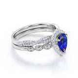1.5 Carat Pear Cut September Birthstone Blue Sapphire and Moissanite Vintage Engagement Ring - Halo Pave Bridal Set in 18K White Gold over Silver