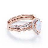 1.5 Carat Pear Cut Lab Created October Birthstone Opal and Moissanite Vintage Engagement Ring - Halo Pave Bridal Set in 18K White Gold Over Silver