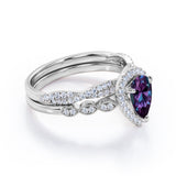 1.5 Carat Pear Cut June Birthstone Alexandrite and Moissanite Vintage Engagement Ring - Halo Pave Bridal Set in 18K White Gold over Silver