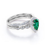 1.5 Carat Pear Cut May Birthstone Emerald and Moissanite Vintage Engagement Ring - Halo Pave Bridal Set in 18K White Gold over Silver
