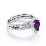 1.5 Carat Pear Cut February Birthstone Amethyst and Moissanite Vintage Engagement Ring - Halo Pave Bridal Set in 18K White Gold over Silver