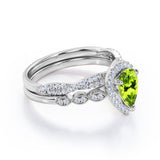 1.5 Carat Pear Cut August Birthstone Peridot and Moissanite Vintage Engagement Ring - Halo Pave Bridal Set in 18K White Gold over Silver
