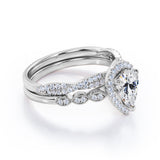 1.5 Carat Pear Cut April Birthstone Cubic Zirconia Vintage Engagement Ring - Halo Pave Bridal Set in 18K White Gold over Silver
