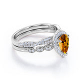 1.5 Carat Pear Cut November Birthstone Citrine and Moissanite Vintage Engagement Ring - Halo Pave Bridal Set in 18K White Gold Over Silver