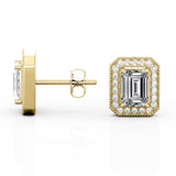 2.15 Carat Emerald Cut Moissanite Milgrain Halo Stud Earrings