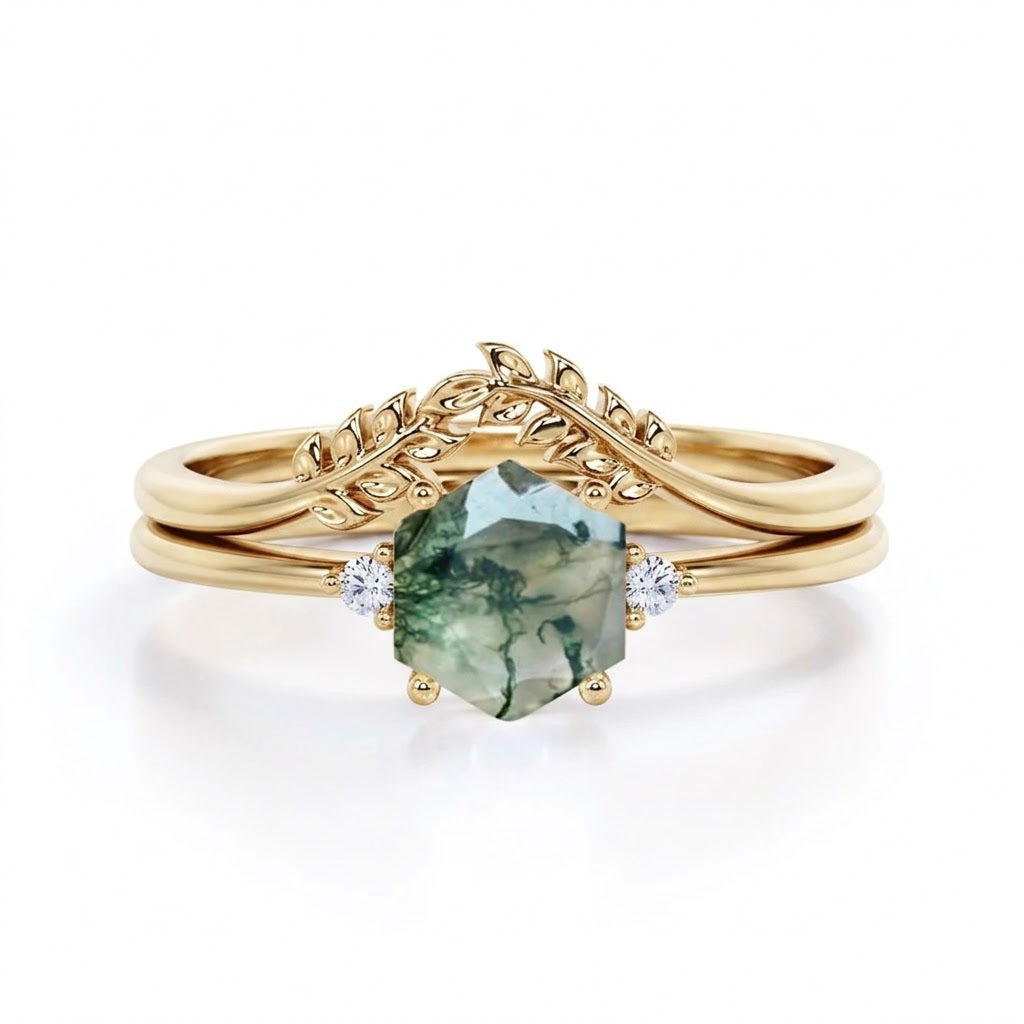 Three Stone 0.55 Carat Hexagon Cut Moss Agate Bridal Set