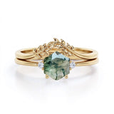 Three Stone 0.55 Carat Hexagon Cut Moss Agate Bridal Set