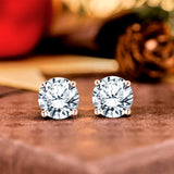 Certified - 1 Carat Round Moissanite - 4 Prong Solitaire Stud Earrings - 18K White Gold Plating Over Silver