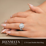 JeenMata 2.75 Carat Oval Cut Moissanite Double Halo Split Shank Engagement Ring Set in 18K White Gold Plated for Women