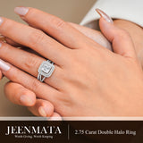 JeenMata 2.75 Carat Princess Cut Moissanite Double Halo Split Shank Engagement Ring Set in 18K White Gold Plated for Women